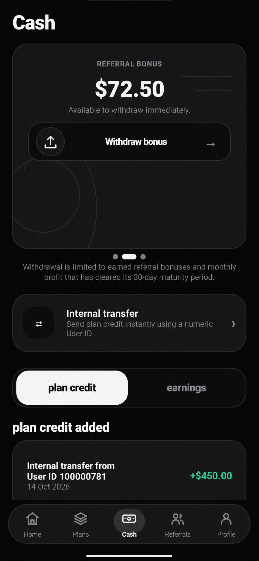 Yepbiz cash screen using a fictional transfer and balance