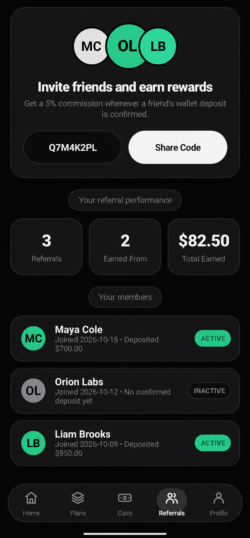 Yepbiz referral screen using fictional demo members